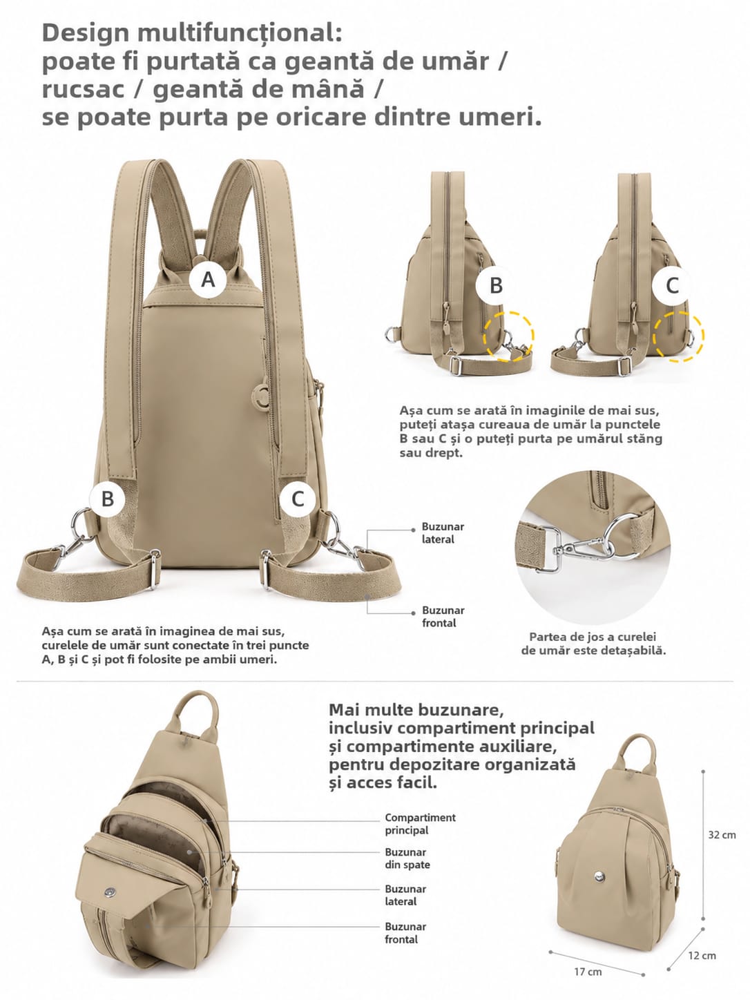 Mini Rucsac Multifuncțional LUNARIA, culoarea bej deschis