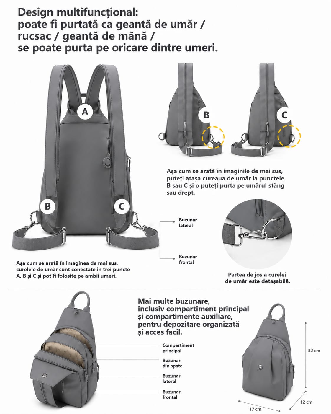Mini Rucsac Multifuncțional LUNARIA, culoarea gri