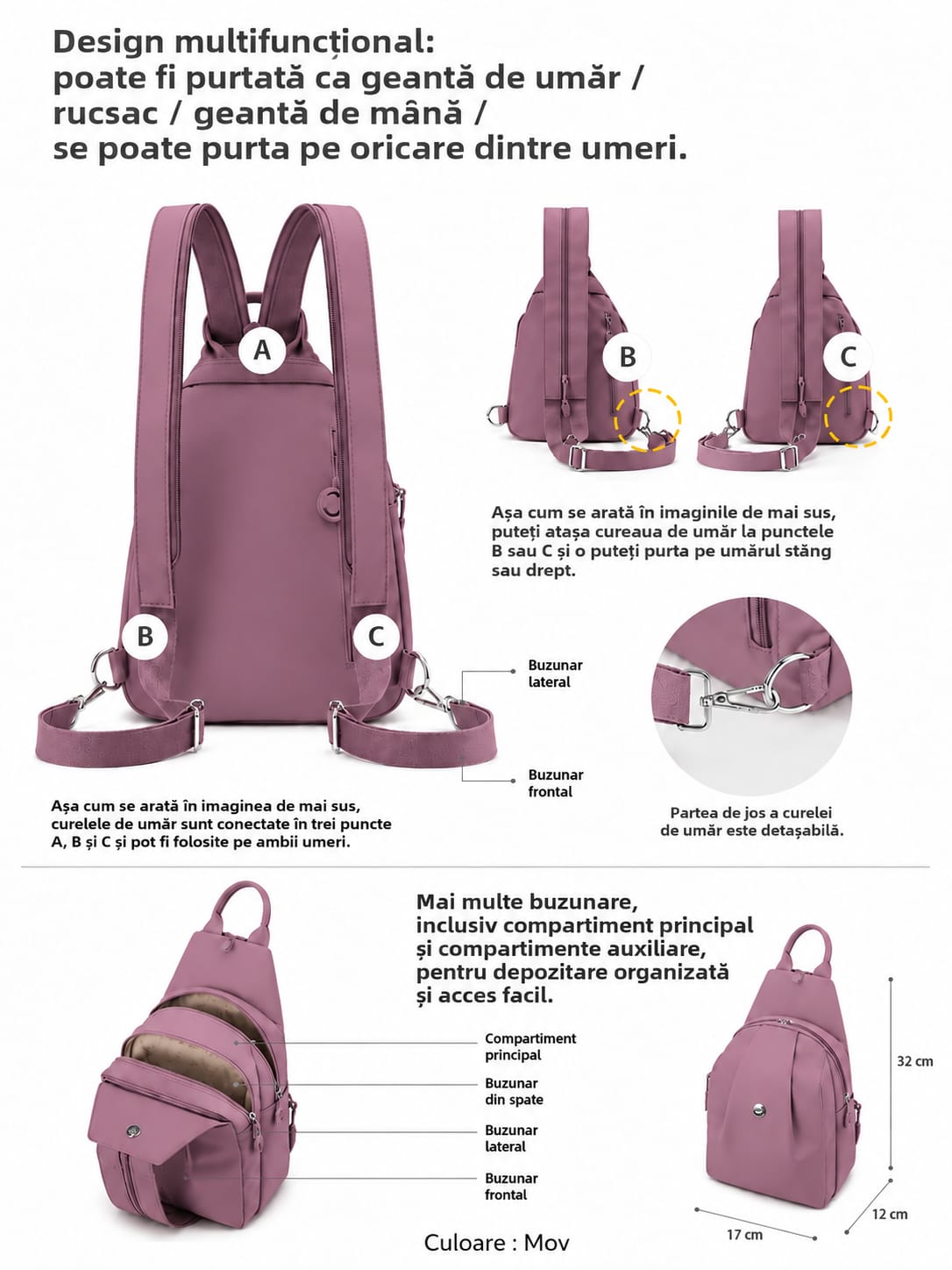 Mini Rucsac Multifuncțional LUNARIA, culoarea mov