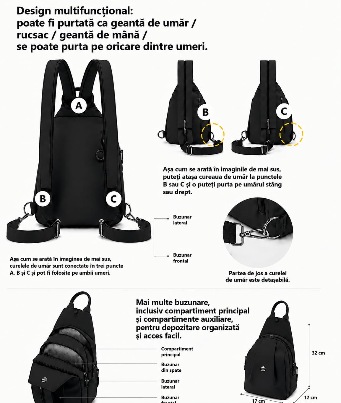 Mini Rucsac Multifuncțional LUNARIA, culoarea negru